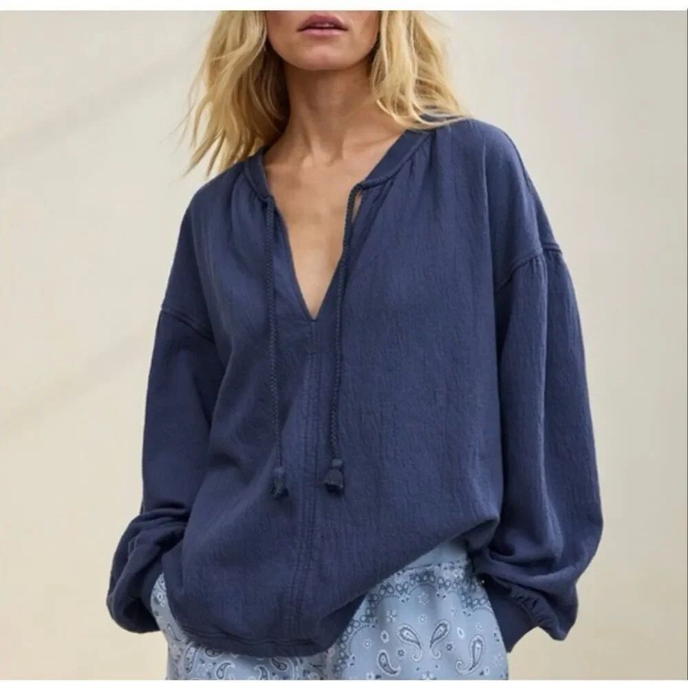 Aerie Easy Street blue oversized tie neck sweater size small